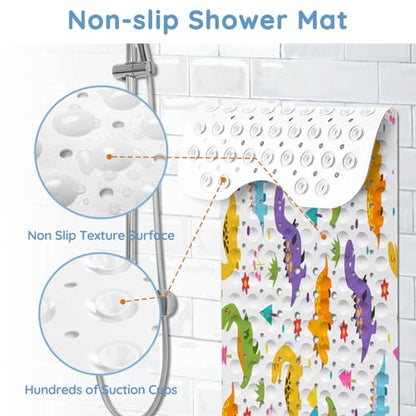 Bathtub Mats for Kids, Cartoon Dinosaur Bath Mat for Tub Non Slip, 40 X 16 Inch Large Washable Bathtub Mat Non Slip for Showers with Drain Holes and Suction Cups - color: Cartoon Dinosaur
