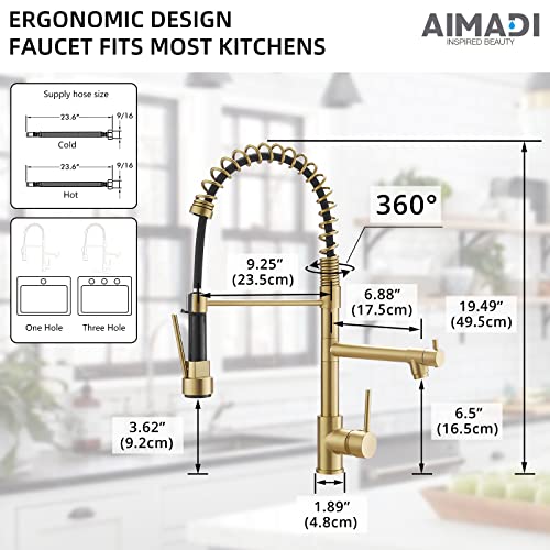 Brushed Gold Kitchen Faucet with Pull Down Sprayer, AIMADI Commercial Gold Kitchen Sink Faucet Single Handle Spring Two Nozzles Faucets - color: Brushed Gold, style: Contemporary