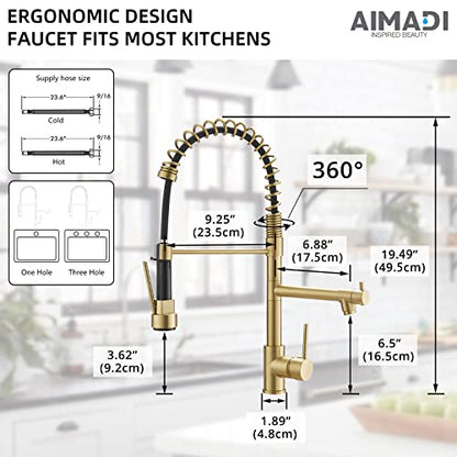 Brushed Gold Kitchen Faucet with Pull Down Sprayer, AIMADI Commercial Gold Kitchen Sink Faucet Single Handle Spring Two Nozzles Faucets - color: Brushed Gold, style: Contemporary