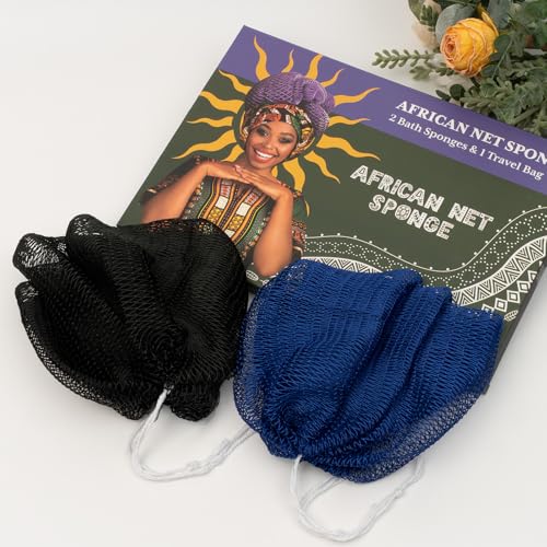 Bathway African Net Sponge Authentic (Set of 2), Exfoliating Body Scrubber | Exfoliating Net Sponge, Bath Sponge, Effective Exfoliation, Quick Dry, Blue & Black - color: Blue & Black