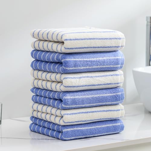 Blue Striped Hand Towels, Bathroom Hand Towel Set of 6, 13" By 29" - 100% Cotton | Quick Dry | Absorbent | Light Weight, Soft Face Towel for Showering & Guest, Luxury Towel Gift - color: Blue