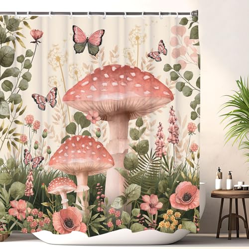 Boho Mushroom Pink Shower Curtain, Floral Woodland Farmhouse Cottagecore Aesthetic Sage Green Eucalyptus Shower Curtain Set, Fairy Witchy Plant Botanical Flower Fabric Bathroom Curatin 72X72 - color: Multi-12, size: 72"W x 72"L (Pack of 1)