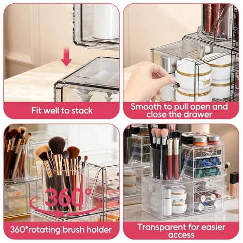 ShineMe Make Up Organizers for Vanity, 2 Tier Acrylic Stackable Cosmetic Organizer with Rotating Makeup Brush Holder & 7 Drawers, Clear Hair Accessory Organizer Countertop for Dresser, Bathroom - size: 2tire, 7 drawers