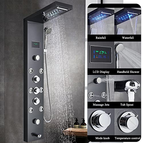 LED Rain Shower Panel Tower System Rainfall Waterfall Massage Body Jets Kit Faucet Black A