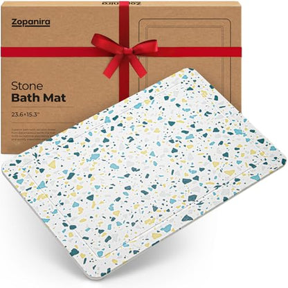 Bath Mat Stone - Diatomaceous Earth Drying Mat - Water Absorbing Bath Mat - Shower Mat Stone (Terrazzo Blue) - color: Terrazzo Blue