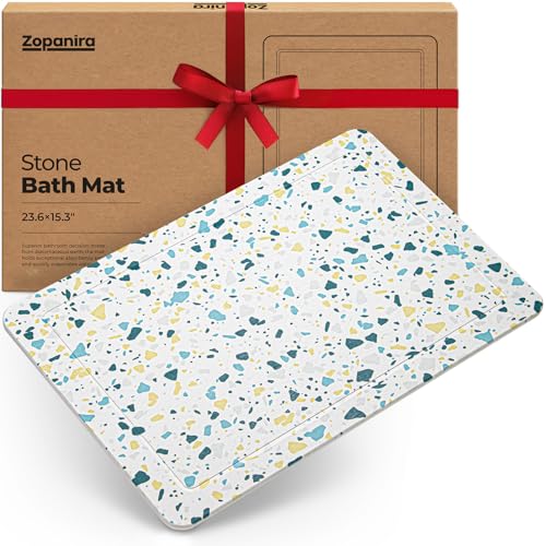Bath Mat Stone - Diatomaceous Earth Drying Mat - Water Absorbing Bath Mat - Shower Mat Stone (Terrazzo Blue) - color: Terrazzo Blue