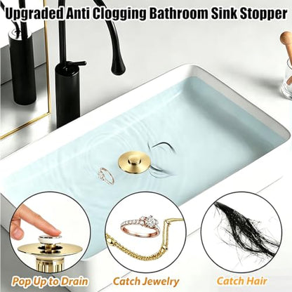 Anlige 3 in 1 Pop Up Bathroom Sink Stopper, Bathroom Sink Drain Strainer with Removable Basket Hair Catcher, Universal Sink Plug Cover for 1.06 in to 1.6 in Drain, Brushed Gold - color: Brushed Gold
