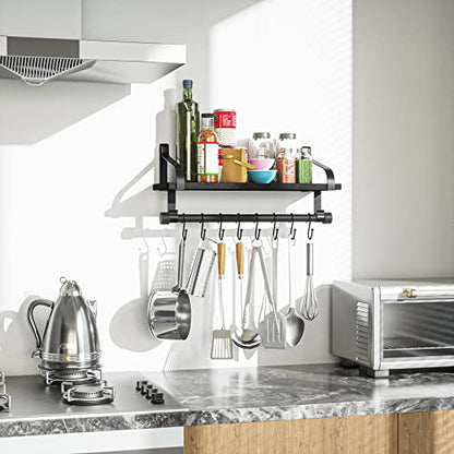 Love-KANKEI 17.3" Floating Wall Shelf Solid Wood/Bracket,Coffee Bar,Black | Spice Rack,Towel Bar/8 Hooks,40 Lbs/shelf,Easy to Install,For Kitchen,Bathroom,Living Room,Bedroom,Office,Entryway Display - color: Black