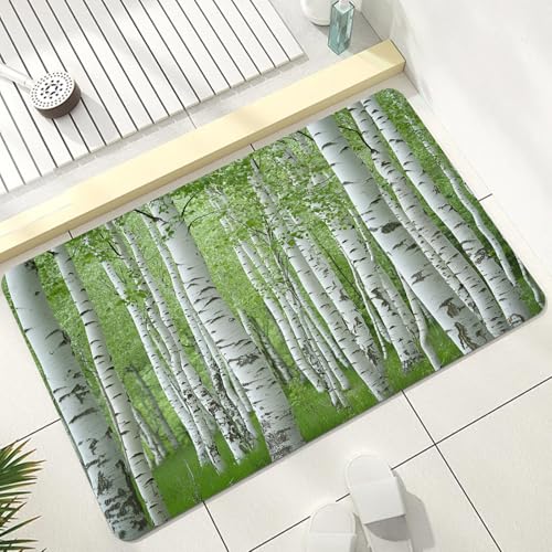 Birch Tree Small Bath Mat Non Slip, Botanical Green Leaves Bathroom Floor Mat, Spring Woodland Shower Rug Quick Dry Washable Absorbent Diatomaceous Earth Mats Door Mats Kitchen Rug 17"x24" - color: Emerald Green, size: 1'5" x 2' (Rectangular)
