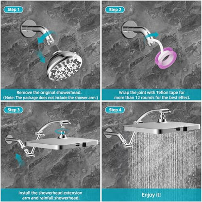 Hibbent 5 Spray Modes Shower Head, 13'' High Pressure Rain Shower Head, Large Rainfall Showerhead for Bathroom, High Flow Waterfall Fixed Showerheads with Adjustable Swivel Ball Joint, Silver - color: Silver, style: Square 13''