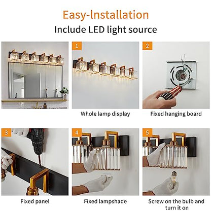 Modern Bathroom Vanity Light 6-Lights Black Gold Crystal Wall Lamp Bathroom Modern Crystal Vanity Lighting - color: Black+Gold Crooked, size: 6-light