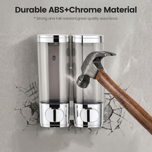 Wall-Mounted Shampoo and Conditioner Dispenser 2 Chamber No Drill,Chrome | Shower Soap Dispenser for Bathroom Hotel Large Capacity,each 300ml with two waterproof labels - color: 2chrome