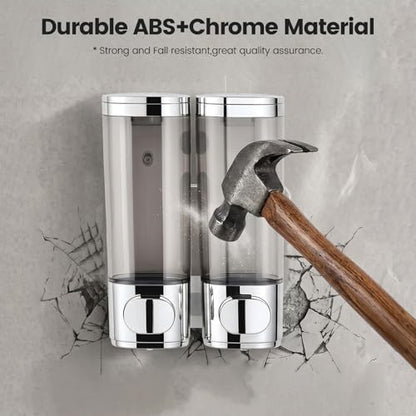 Wall-Mounted Shampoo and Conditioner Dispenser 2 Chamber No Drill,Chrome | Shower Soap Dispenser for Bathroom Hotel Large Capacity,each 300ml with two waterproof labels - color: 2chrome