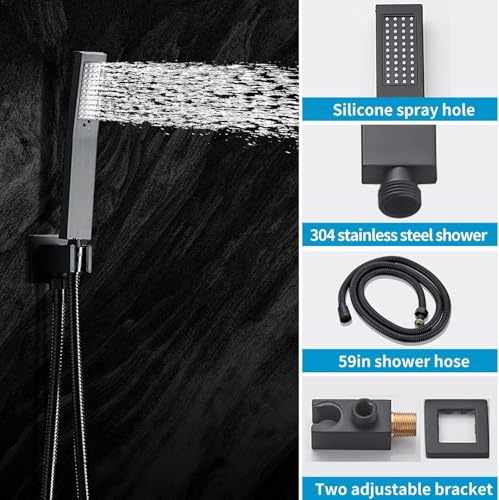 Matte Black Shower Faucet 12 Inch Set with Tub Spout | Shower Head and Handle with 2 Hooks Rain System Square Wall Mount for Bathroom - color: Matte Black, style: 12 Inch