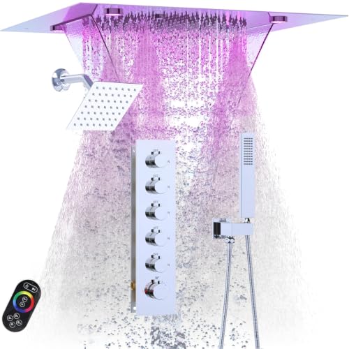 Enga Luxury Dual Shower Head System LED Thermostatic Shower System with 6 inch Wall Shower, 20-Inch 3 Function Shower Head (Rainfall & Mist & Waterfall), Chrome - color: Chrome, style: 20" Head (Rain + Mist+Waterfall) - 6" Head