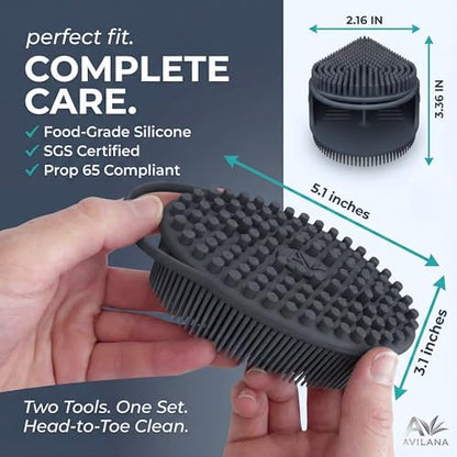 Avilana Premium Body Scrubber and Face Brush Set - Trusted Since 2017 - SGS Certified Silicone 2-in-1 Shower Kit, Dual Sided Gentle Exfoliating Loofah Alternative Sensitive Skin Women Men Gift - color: Blue, size: Body & Face