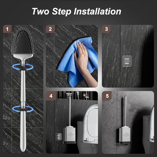 Silicone Toilet Brush, Ventilation Slots Base Holder 1 Pack Silver | Flexible Bristles Flat Head for Rim, Hair Tangle-Free, Easy to Clean, Compact Design, Rustproof Handle, for Toilet/Sink/Tub - color: Silver-1pcs