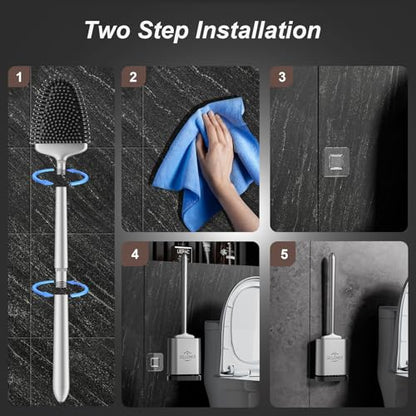 Silicone Toilet Brush, Ventilation Slots Base Holder 1 Pack Silver | Flexible Bristles Flat Head for Rim, Hair Tangle-Free, Easy to Clean, Compact Design, Rustproof Handle, for Toilet/Sink/Tub - color: Silver-1pcs
