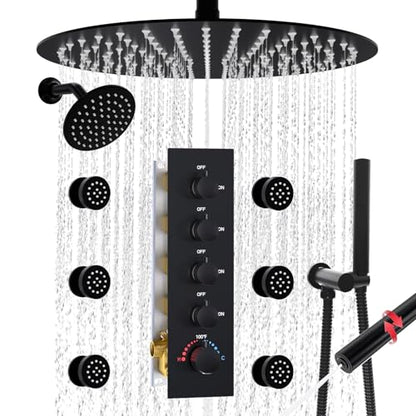 HOMEDEC 16inch Round Shower System with 6" Wall Mounted Shower Head, 4 Way Shower Diverter Valve with 2-Function Handheld Shower and Body Jets, Black - color: Black, style: 4-Way + 1x 6" Top