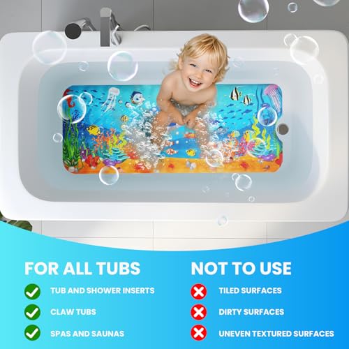 Baby Bath Tub Mat, 40 x 16 Inch Extra Large Non Slip Kids Cartoon Bathtub Shower Mats with Suction Cups & Drain Holes, Machine Washable for Bathroom, Undersea Dolphin - color: Undersea-dolphin