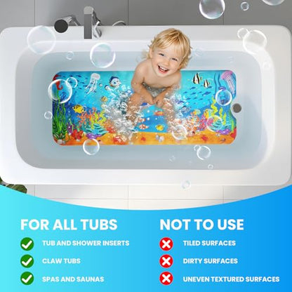 Baby Bath Tub Mat, 40 x 16 Inch Extra Large Non Slip Kids Cartoon Bathtub Shower Mats with Suction Cups & Drain Holes, Machine Washable for Bathroom, Undersea Dolphin - color: Undersea-dolphin