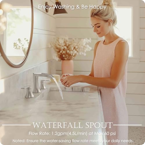 Brushed Nickel Bathroom Faucet 3 Hole, 4-8 Inch Waterfall Bathroom Sink Faucet Widespread with Drain & cUPC Supply Hose, 2 Handles for Vanity, Lavatory, Restroom, Brass Material, 10 Mins Install - color: Brushed Nickel - Modern