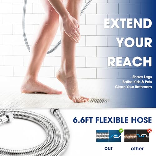 Handheld Shower Head with Extra Long Hose, 8 Setting Square Detachable Hand Held Spray with Upgrade Button & On Off Switch, 79" Hose - Chrome - color: Chrome