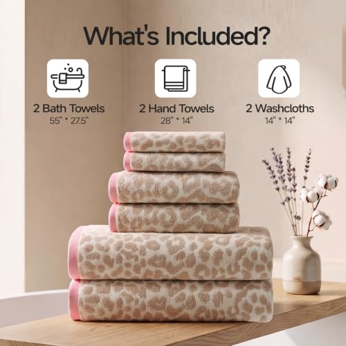 REDKISS Leopard Print Towel Set of 6,100% Cotton Bathroom Towels,Quick Dry & Absorbent,2 Bath Towel, 2 Hand Towel, 2 Washcloth-Light Brown - color: Light Brown