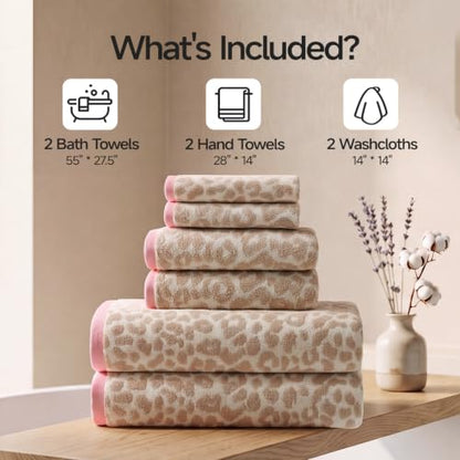 REDKISS Leopard Print Towel Set of 6,100% Cotton Bathroom Towels,Quick Dry & Absorbent,2 Bath Towel, 2 Hand Towel, 2 Washcloth-Light Brown - color: Light Brown
