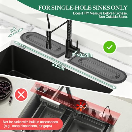 Faucet Mat for Kitchen Sink with Airflow Silicone Sleeve, Instant-Dry Diatomaceous Stone Sink Protector Tray Around Faucet for Kitchen, Bathroom, RV (Black Circle, 23.2" x 3.9" x 0.47") - color: Grey Circle - Dark Grey Silicone Edge