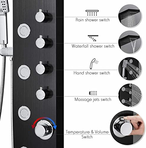 LED Light Shower Panel Tower Rainfall Waterfall Shower Head with Massager Jets Body System Jet Black B (Color : Black E) - color: Black E