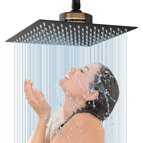 Voolan Rain Shower Head with Filtered - High Flow Bathroom Rainfall Filter Showerhead For Hard Water, Upgraded 304 Stainless Steel Construction (12"Square, Matte Black) - color: Matte Black, size: 12 Inch