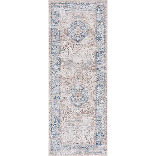 Bloom Rugs Caria Washable Non-Slip 10 ft Runner - Beige/Ocean Blue Traditional Runner for Entryway, Hallway, Bathroom, and Kitchen - Exact Size: 2'6" x 10' - color: Beige / Ocean Blue, size: 2'6" x 10' (Runner)