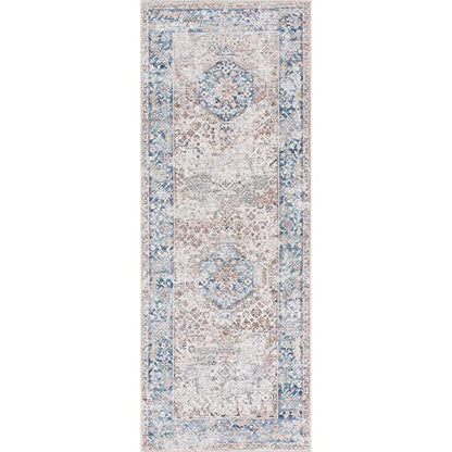 Bloom Rugs Caria Washable Non-Slip 10 ft Runner - Beige/Ocean Blue Traditional Runner for Entryway, Hallway, Bathroom, and Kitchen - Exact Size: 2'6" x 10' - color: Beige / Ocean Blue, size: 2'6" x 10' (Runner)
