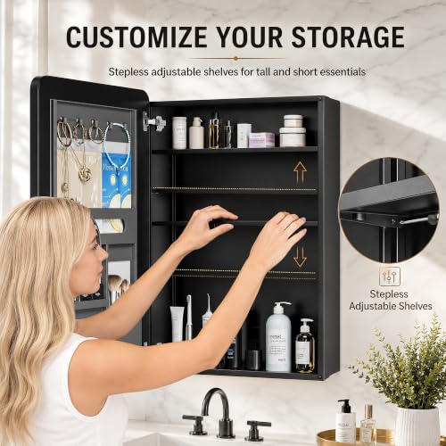 20x26 Black Medicine Cabinet Mirror, Recessed or Surface Mount | Built-in makeup organizer with lipstick slots, Brush holders and inner mirror; 3 adjustable shelves; Rustproof aluminum - size: 20" x 26"