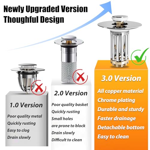Anlige Bathroom Sink Drain Strainer, 2PCS 3 in 1 Pop Up Bathroom Sink Stopper with Removable Brass Basket Hair Catcher, Universal Sink Plug for 1.06 to 1.6in Drain Hole, Chrome Silver - style: Bathroom Sink Stopper Hair Catcher