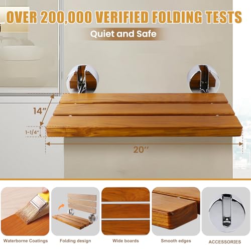 20 inchs Teak Folding Shower Seat Wall Mounted,Fold Down Shower Bench for Shower Space, Home Care Teak Wood Stool for Inside Shower,Pregnants-Maximum Load 440lb (Glossy & Yellow) - color: Glossy & Yellow