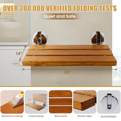 20 inchs Teak Folding Shower Seat Wall Mounted,Fold Down Shower Bench for Shower Space, Home Care Teak Wood Stool for Inside Shower,Pregnants-Maximum Load 440lb (Glossy & Yellow) - color: Glossy & Yellow
