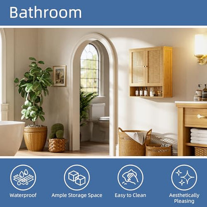 HITNET Rattan Hanging Bathroom Cabinet, Wall Mounted Bamboo Bathroom Cabinet with Double Doors and Adjustable Shelves, Storage Over the Toilet for Kitchen, Living Room, Laundry Room, Natural - color: Natural