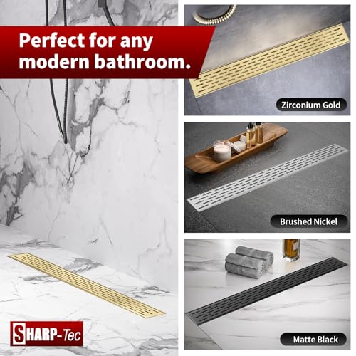 Sharp-tec Shower Drain, 28 inch Linear Shower Drain, Gold 304 Stainless Steel Rectangular Shower Floor Drain with Adjustable Leveling Feet, Hair Strainer, cUPC Certified, ST-096-28G - color: Gold, size: 28 inch