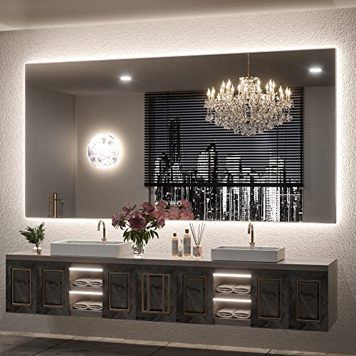 Keonjinn 72 x 36 Inch LED Bathroom Mirror with Lights, Backlit Mirror 3 Colors Lights, HD Tempered Glass, Safe Defogging, Stepless Dimmable, UL Listed Power Driver, Wall Mounted Lighted Vanity Mirror - color: Backlit 3-color, size: 36"L x 72"W
