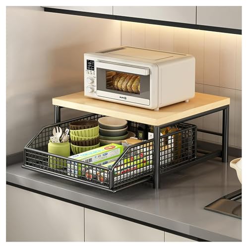 Kitchen Microwave Rack, Small Coffee Stand Shelf with Drawer Storage Basket | Kitchen Counter Storage Microwave Shelf for Coffee Machine, Living Room, Bedroom(Black) - color: Black