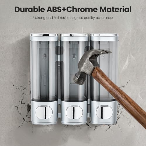Shower Soap Dispenser 3-Chamber Wall Mount Shampoo Dispenser,Silver | Latch design No Drill Shampoo and Conditioner Dispenser for Bathroom Hotel, Durable ABS Material Large Capacity - color: 3silver