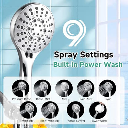 BRIGHT SHOWERS High Pressure Shower Head with Handheld, 9 Spray Settings Showerhead Built in Power Wash to Clean Tub and Pets, Extra Long 69" Hose, Adjustable Bracket, Chrome - color: Chrome, style: 1.8 GPM | 9 Modes