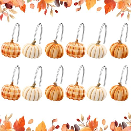 Colingmill Set of 12 Pumpkin Shower Curtain Hooks for Fall Bathroom Decor, Metal Rustproof Farmhouse Plaid Autumn Pumpkin Decorative Shower Curtain Hooks Rings for Thanksgiving Bathroom Decor - style: Pumpkin