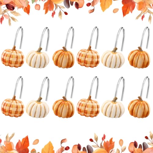 Colingmill Set of 12 Pumpkin Shower Curtain Hooks for Fall Bathroom Decor, Metal Rustproof Farmhouse Plaid Autumn Pumpkin Decorative Shower Curtain Hooks Rings for Thanksgiving Bathroom Decor - style: Pumpkin