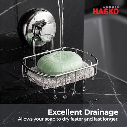 HASKO Suction Cup Soap Dish for Shower Wall, Rustproof Stainless Steel Shower Soap Holder for Bathroom with Hooks and Soap Saver, Includes Optional No Drill Adhesive Mount, Silver - color: Silver