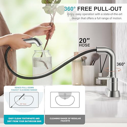 Brushed Nickel Pull Down Centerset Bathroom Faucet 2 Handle 3 Hole | Pull Out Bathroom Faucet with Pop Up Drain & Supply Lines, Lead-Free cUPC & NSF Certified, 4 Inch Faucet for Vanity RV Sink - color: Brushed Nickel