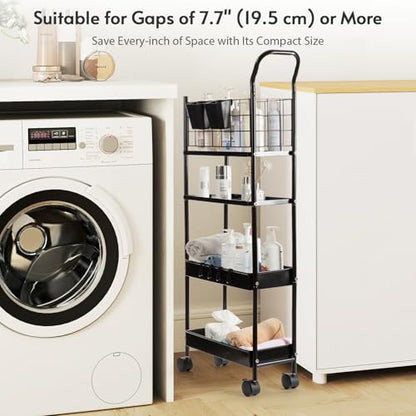 danpinera 4 Tier Slim Cart with Wheels, 7.7’’ Metal Skinny Rolling Storage Cart on Wheels for Kitchen, Bedroom, Office, Laundry Room, Small Narrow Spaces with Hooks and Cups, Black