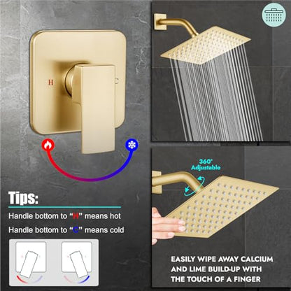 Heyalan 8-Inch Square Rain Shower Faucet Set with Valve, Brushed Gold | SUS304 stainless steel shower head, male NPT 1/2-inch valve, single-handle control, adjustable angle, 1.8 GPM - color: Gold